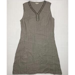 Lina Tomei LG Gray Linen Cotton Blend Rhinestone V Neck Sleeveless Dress P158